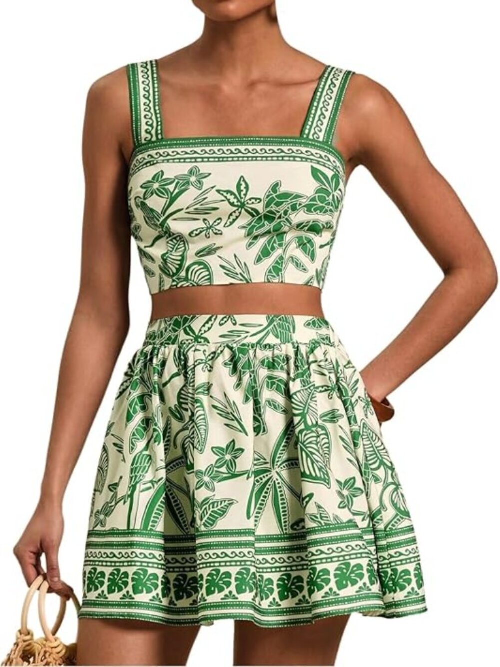 Floerns Tropical Two Piece Skirt Set | Green Floral Vacation Outfit XS